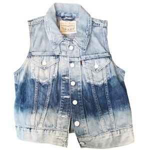 Levi's Denim Trucker Vest Ombré Faded Womens Denim Crop Blue White Size Small